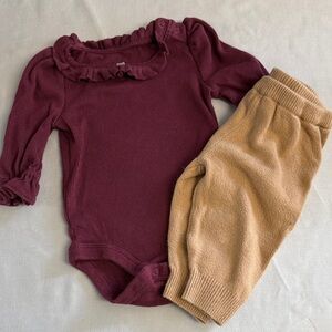 GAP Kids Matching Set - Burgundy long sleeve onesie and Tan knit pants